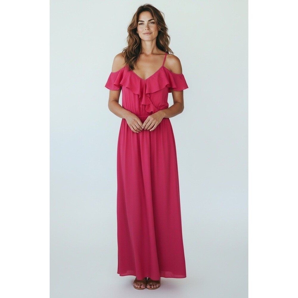 Banana Republic‎ Fuchsia Cold-Shoulder Ruffle Maxi Dress Chiffon Sz 4